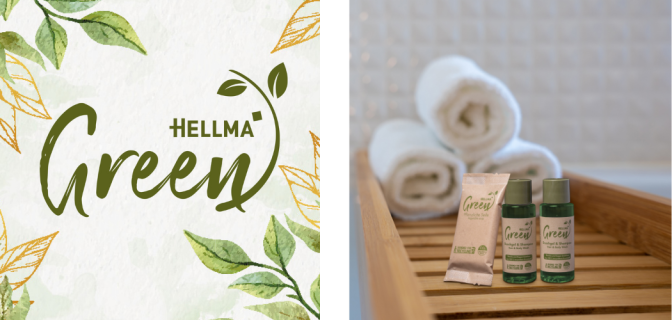 Collage Logo HELLMA Green und Pflegeprodukte mit weißen Handtüchern