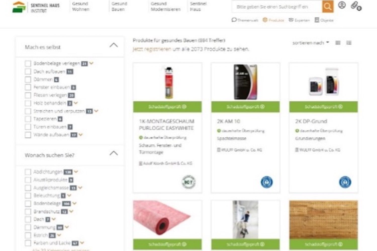 Ausschnitt Produktdatenbank Sentinel Haus Institut
