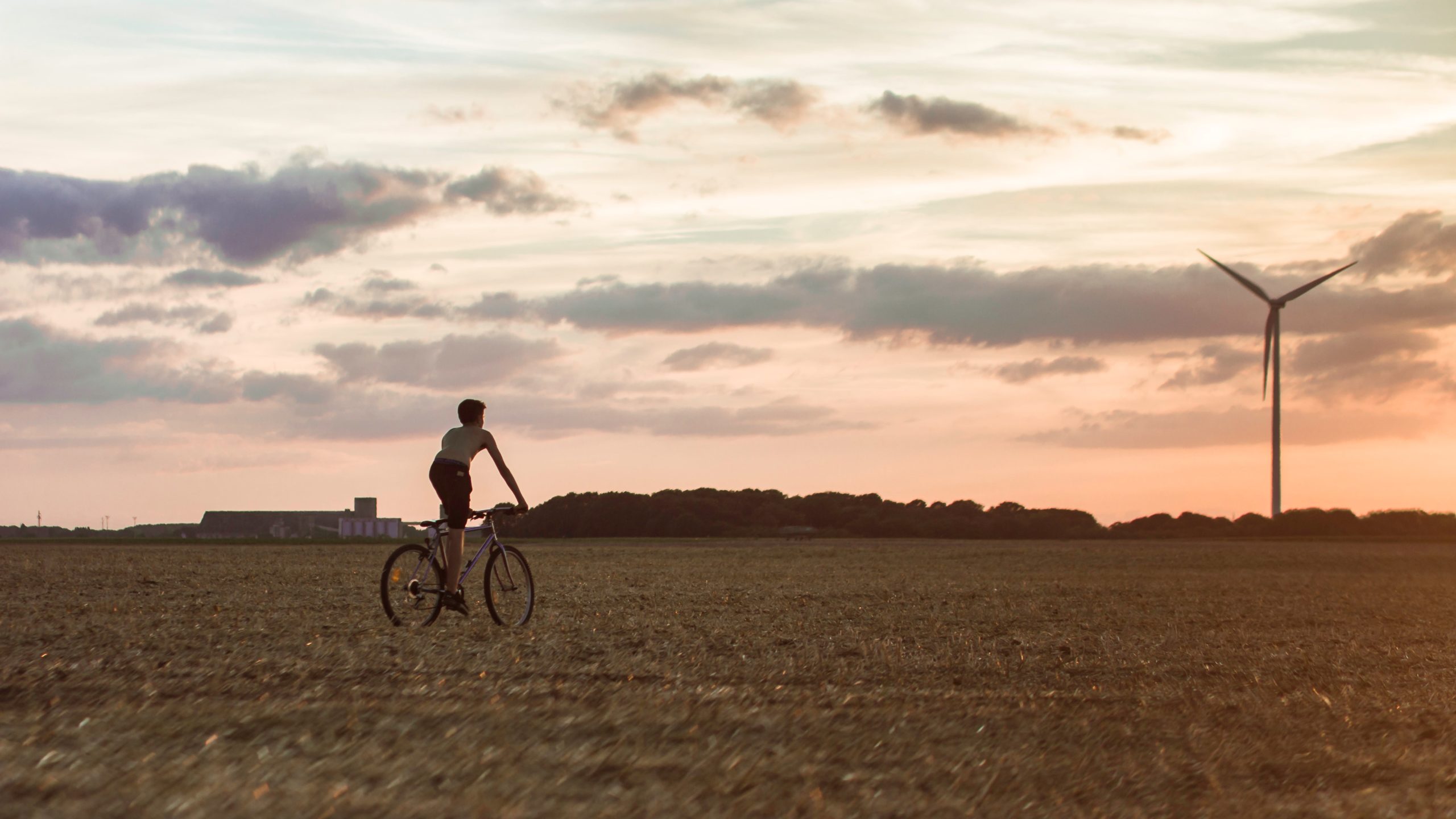 Junge fährt beim Sonnenuntergang auf dem Feld Fahrrad