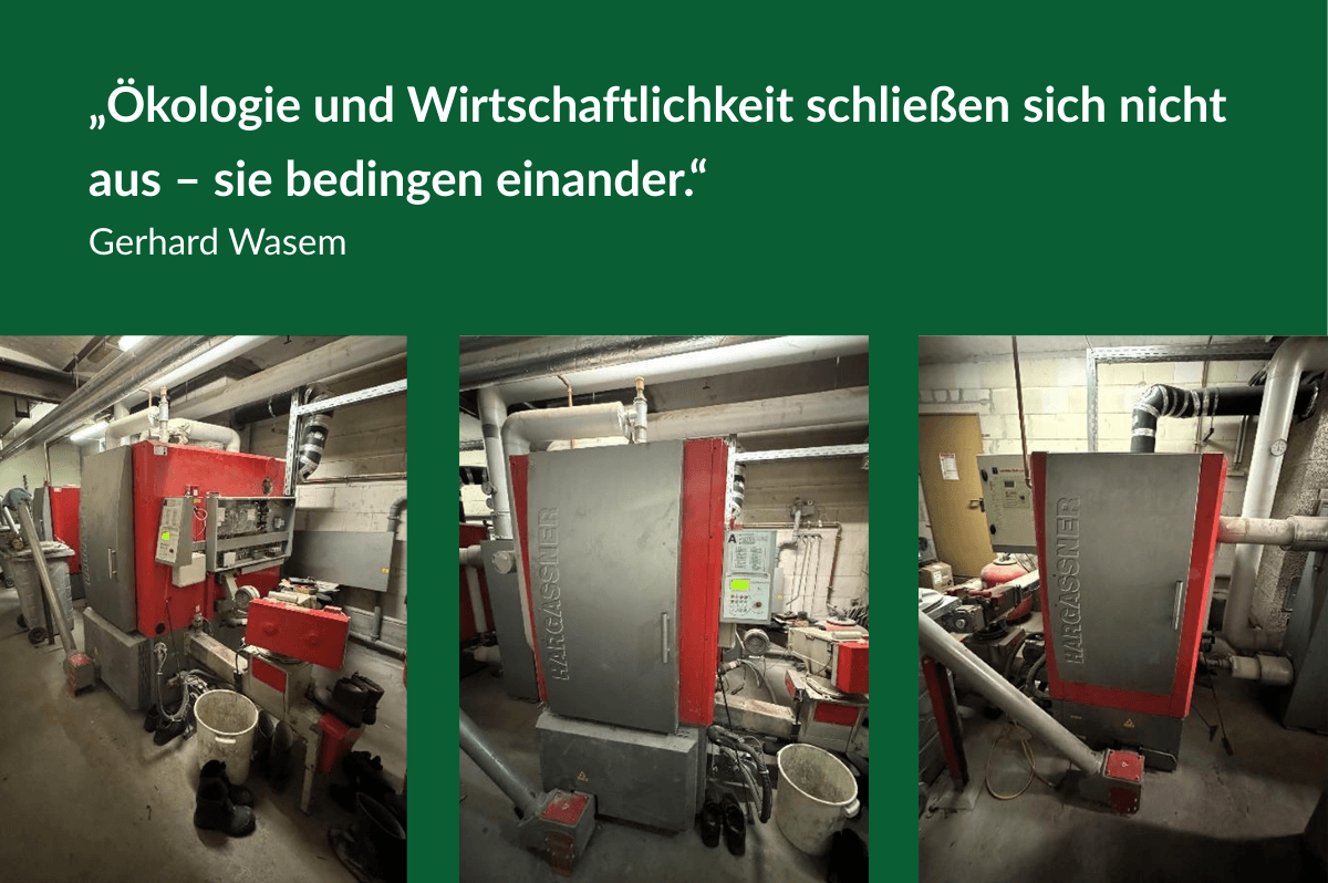 Moderne Hackschnitzel-Kessel der Nahwärme-Zentrale im Wasem Kloster Engelthal. Beispiel für effiziente Biomasse-Technologie im Gastgewerbe.