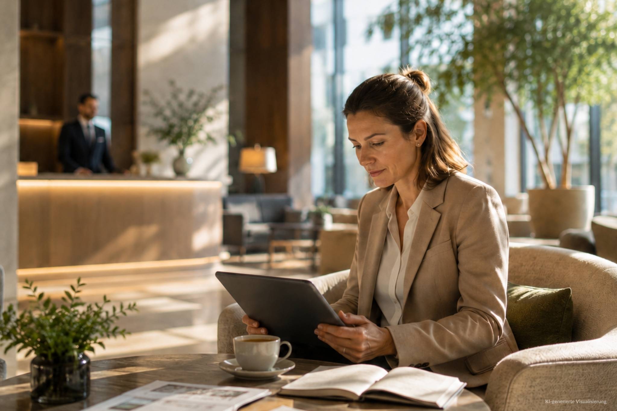 Hotelgast liest auf einem Tablet in einer stilvollen Hotellobby Informationen zur Nachhaltigkeit und Glaubwürdigkeit des Betriebs.