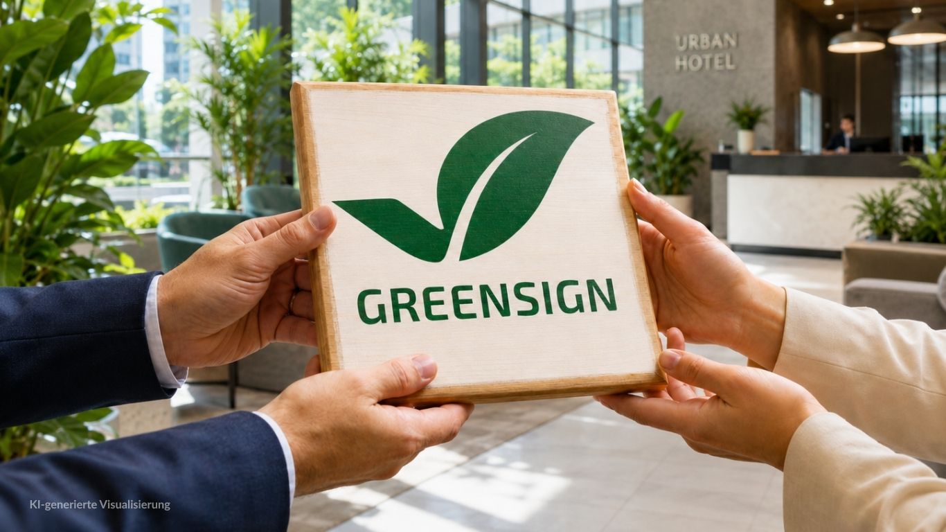 Zwei Hände halten ein hölzernes GreenSign-Zertifizierungsschild in einer modernen Hotel-Lobby – Praxisbeispiel für nachhaltige Hotels.